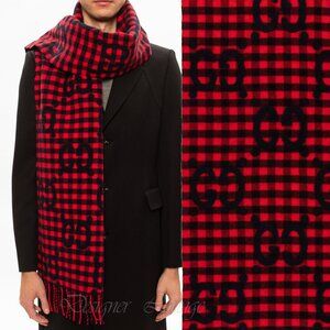 NEW GUCCI Red Blue Wool Check GG Monogram Logo Scarf $690 Authentic